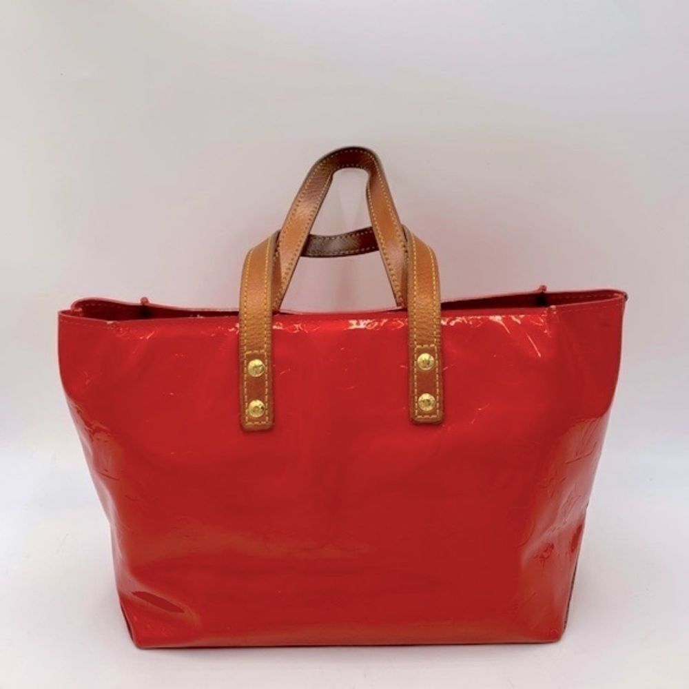Auth Louis Vuitton Mini Red LV Monogram Vernis Tote Vachetta Leather Handles